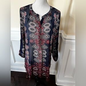 Navy, Multi-color Floral-Paisley High/Low Boho Tunic.